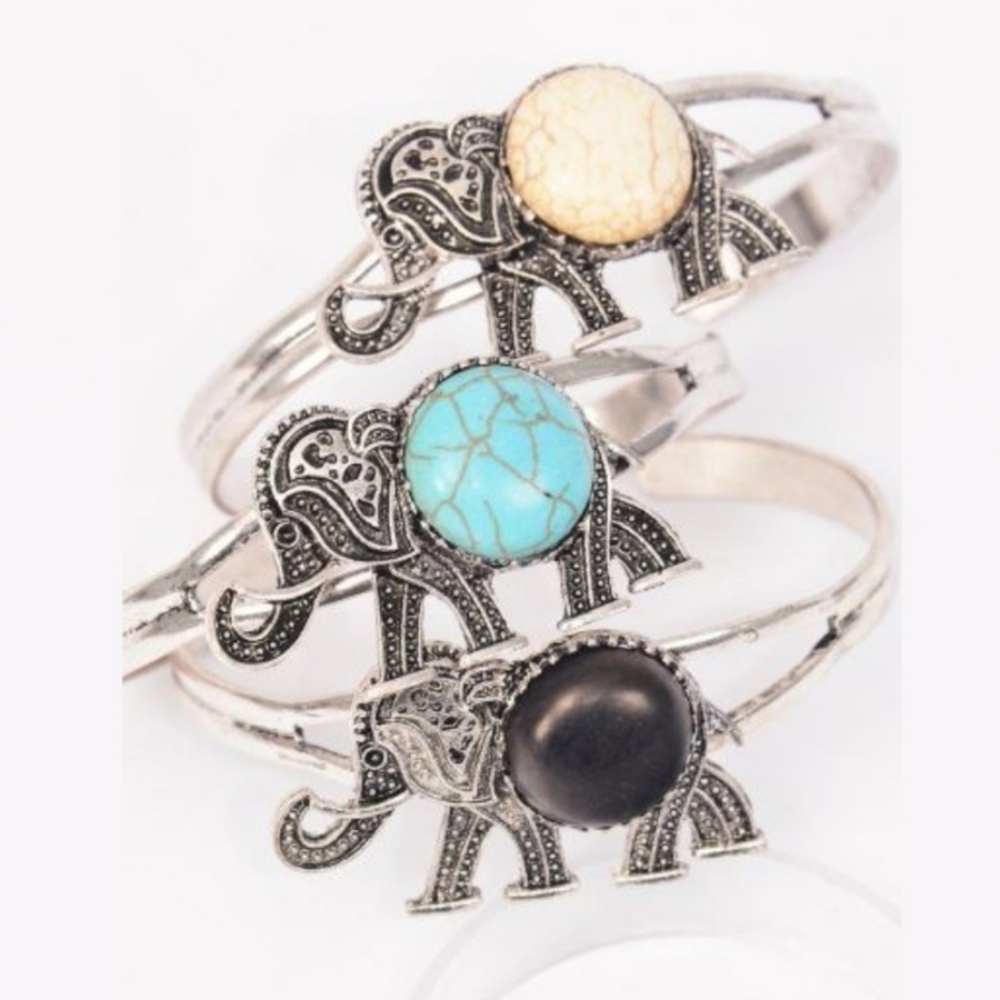 📣 Blue Turquoise Silverstone Elephant 🐘 Semiprecious Stone Cuff Bracelet 😍🎁